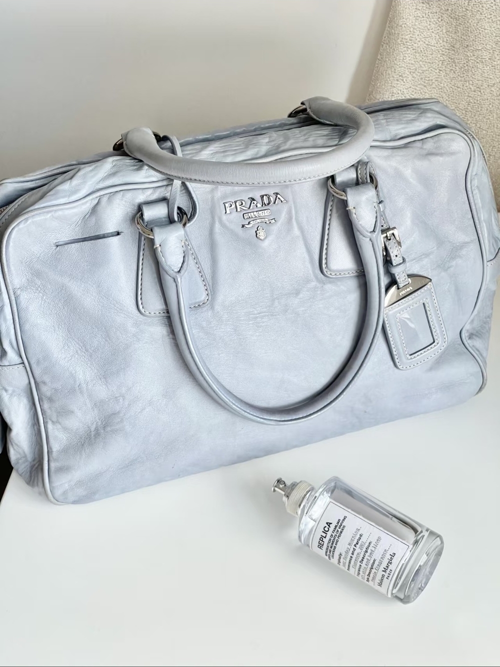Vintage Prada Plume Light Mist Blue Leather Wrinkled Handbag
